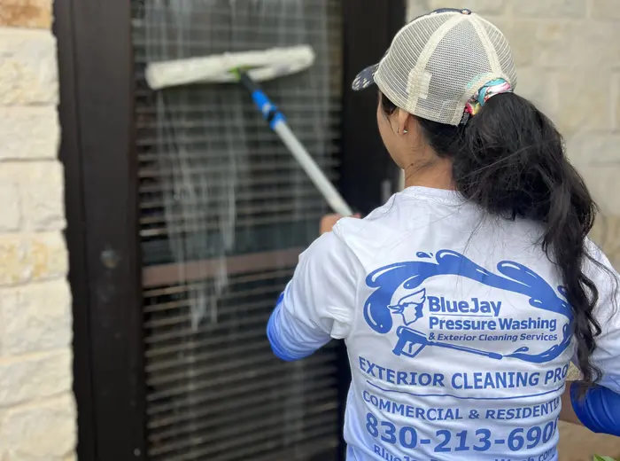 BlueJay cleaning exterior window glass at a commercial property